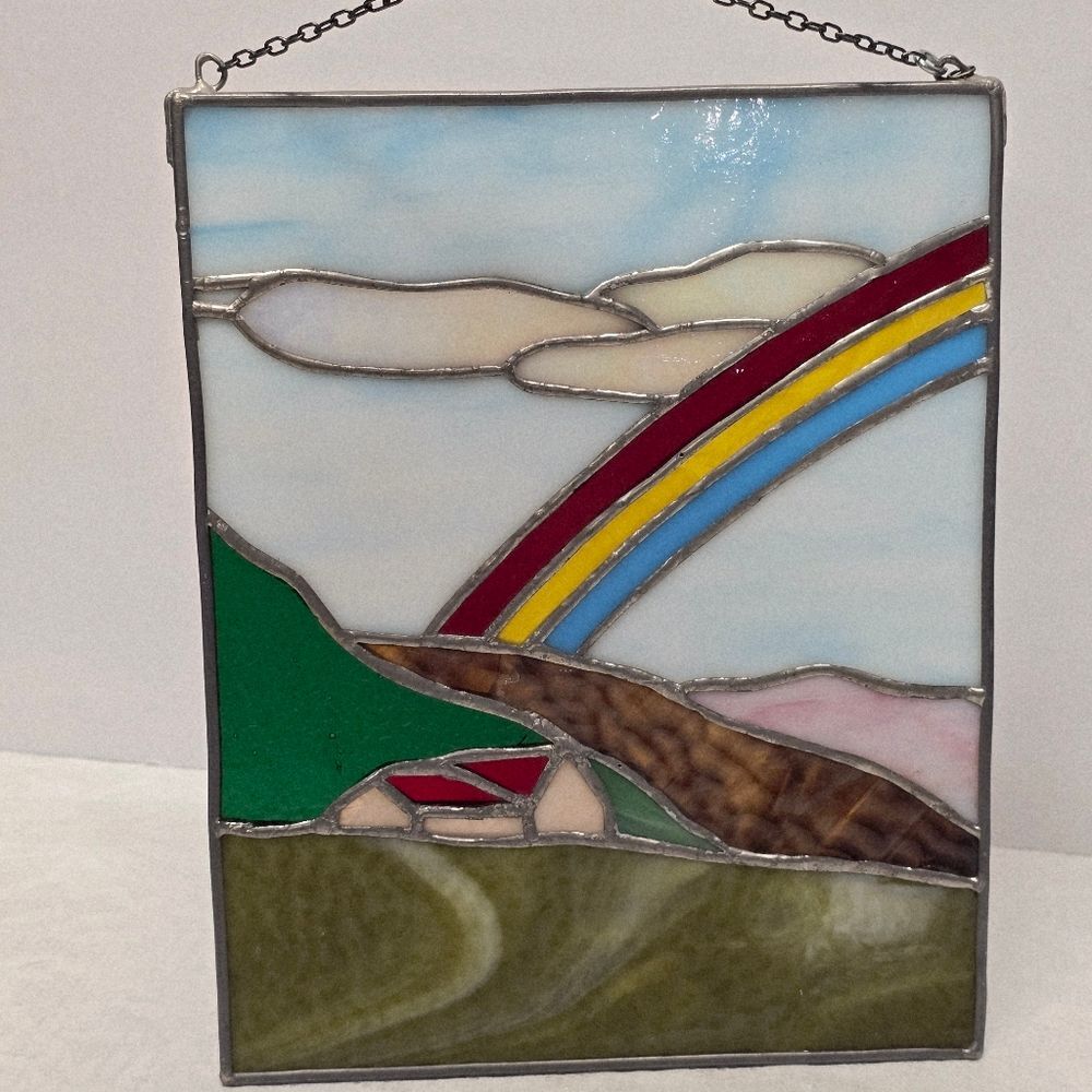 Vintage Stained Glass Landscape Suncatcher Window Panel Rainbow & Country House